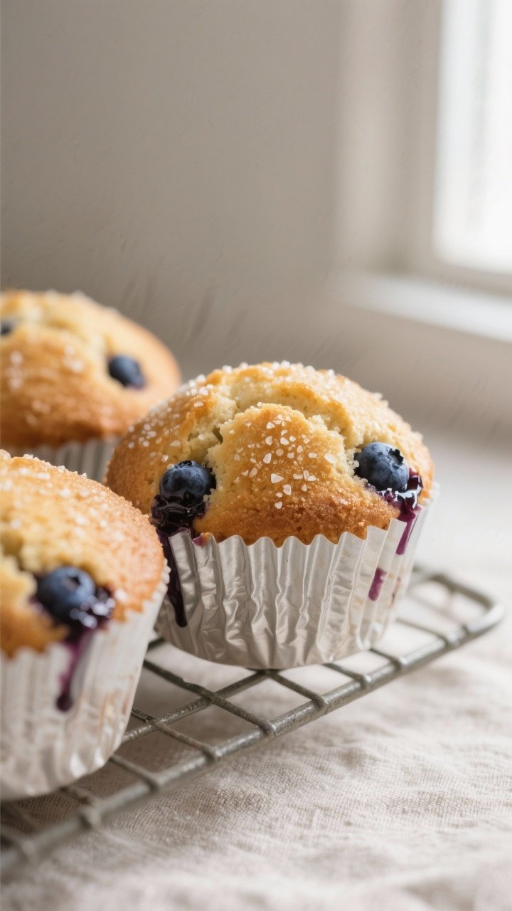 Close-up detail: Freshly baked blueberry muffins just out of the tin, golden domed tops with sparkli