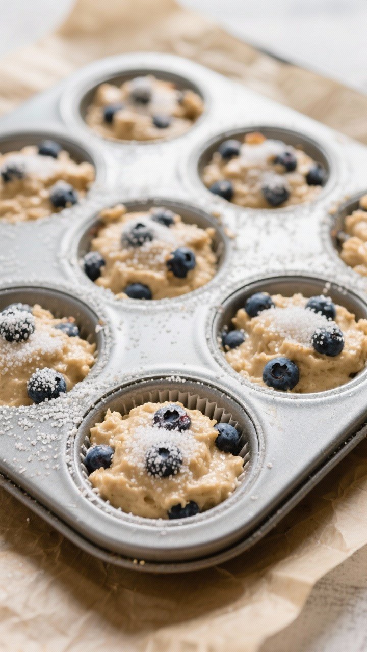 Cooking process: Overhead shot of a muffin tin filled almost to the brim with thick, lumpy batter st