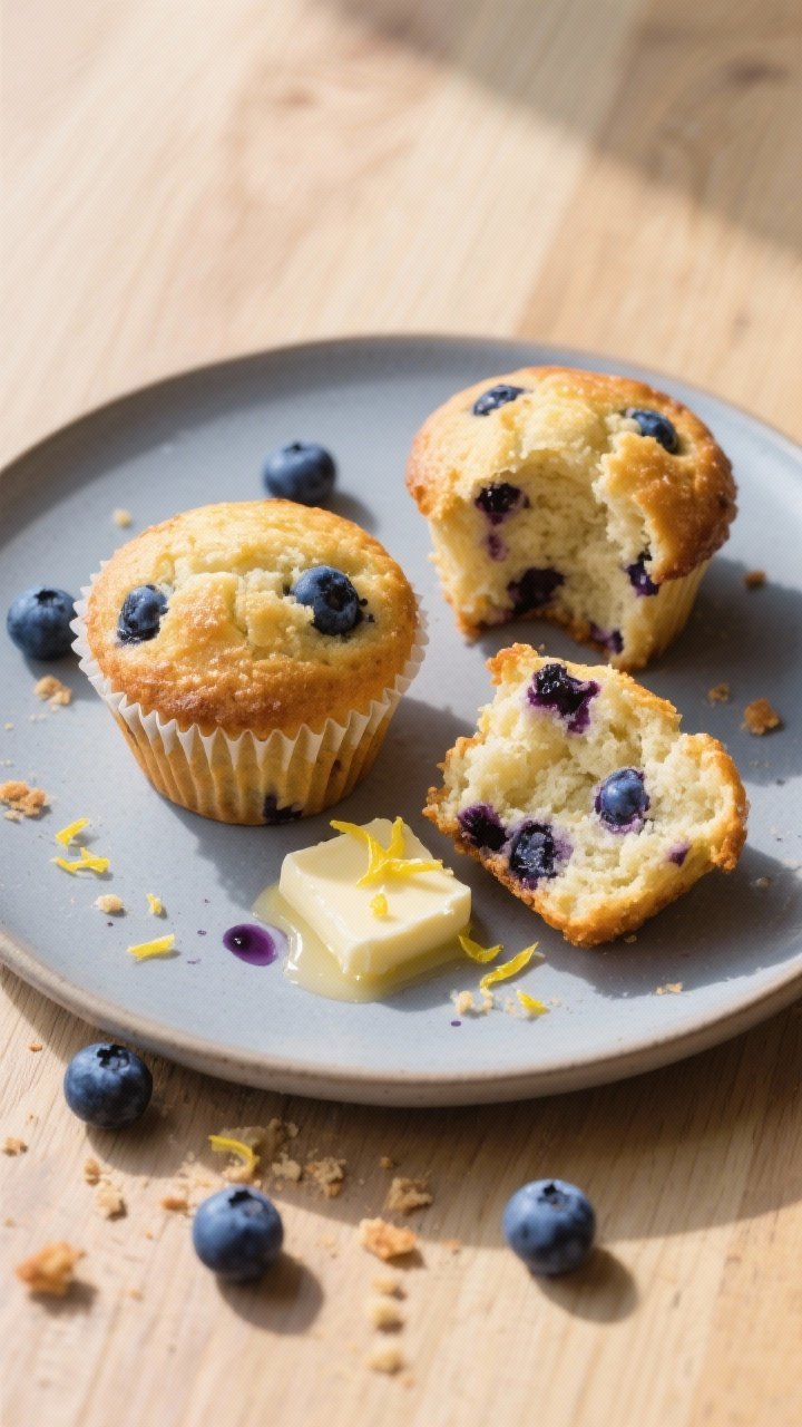 Final dish presentation: Restaurant-quality plate with two blueberry muffins—one whole and one tor